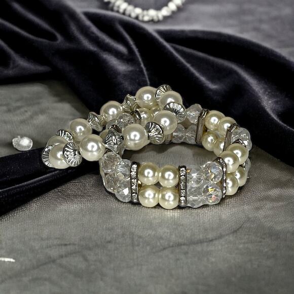 Silver Tone Faux Pearl, Rhinestone and Crystal Bead Bracelets Fashion Jewelry - Picture 10 of 10